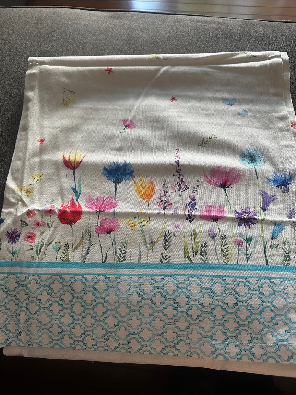 Floral Border Table Runner in White with Multi-Colored Blooms (74 Inches)